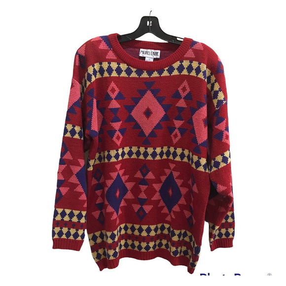 Michael Carrie Vtg 80's Sweater S Red Pink Shoulder Pad Bold Tribal Geometric - Picture 1 of 9